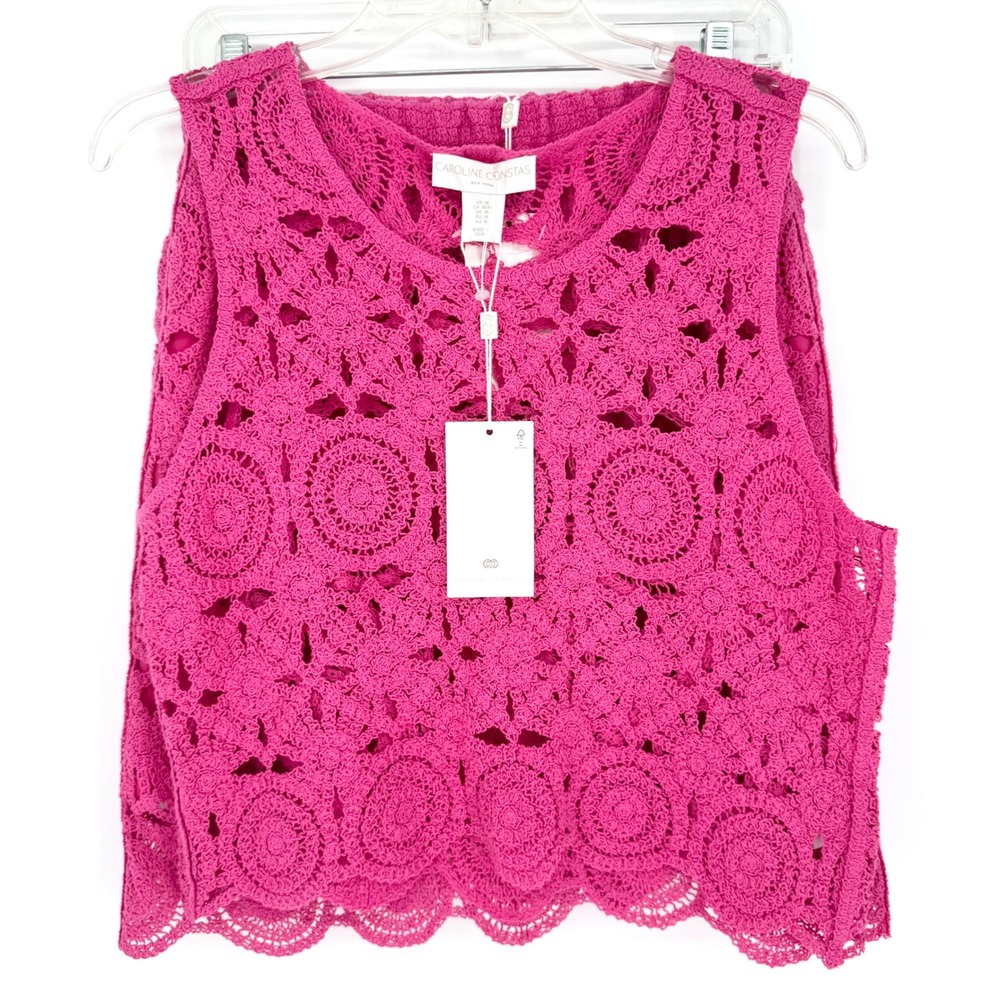 NWT Caroline Constas Pink Crochet Two-Piece Skirt Set Sleeveless Fuchsia Pink M - Picture 3 of 14